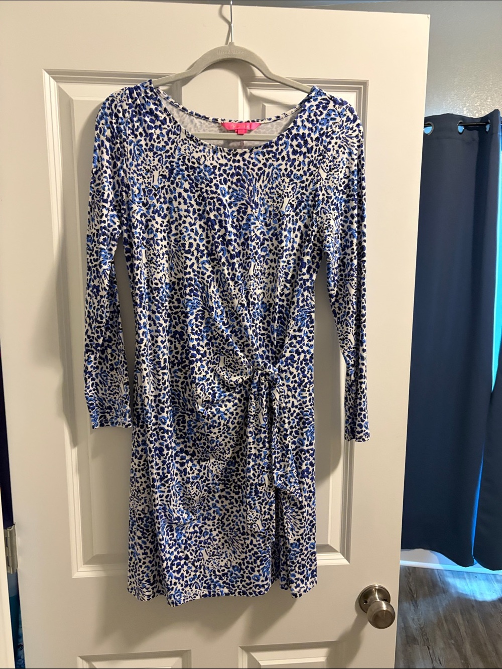 Lilly Pulitzer Blue & White Leopard Print Tie-Waist Long Sleeve Dress